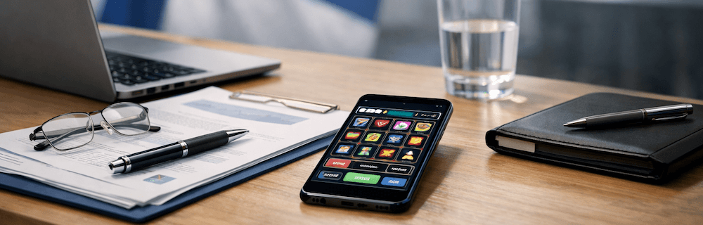 Toimistopöydällä silmälasit, puhelin (jossa kasino auki), pari kynää & muistilehtiöitä ja vesilasi. Myös tietokone mukana. Blurrattu tausta ja palanen suomenlippua näkyy.