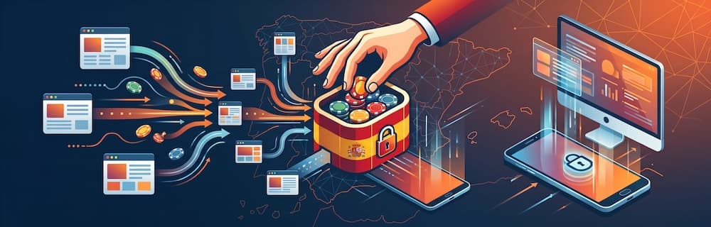 AI kuva. Espanjan lipulla väritetty lipas johon laitetaan pelimerkkejä. Tähän on yhdistetty digitaalisia virtaavia asiakirjoja.