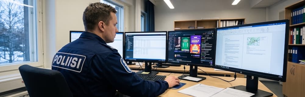 Poliisi tietokoneella. AI kuva.