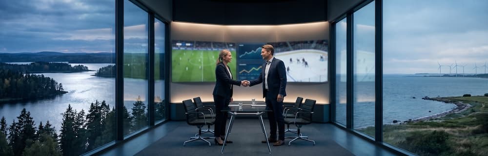Kättely toimistossa. Maisemassa puoliksi Tanskaa ja puoliksi Suomea.