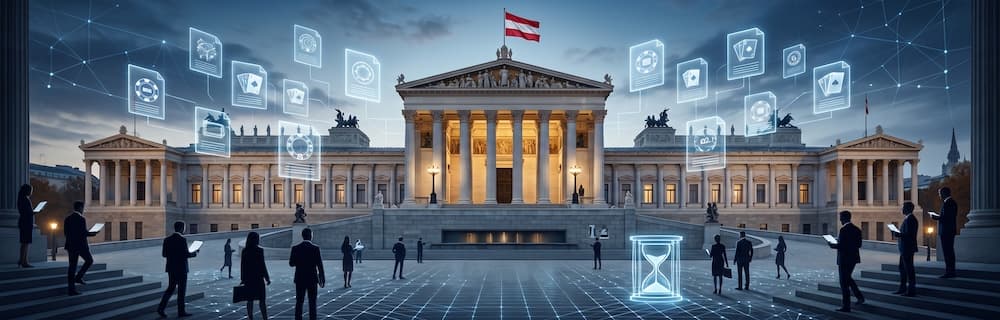 Ai:lla tehty kuva. Itävallan valtionkonttori ja kuvastus tulevasta rahapelilisenssitä.