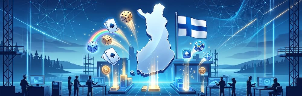 AI:lla tehty kuva. Suomen äärirajat, lippu ja kasinoaiheista kuvitusta.