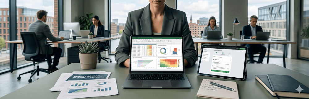 Toimistoympäristö. Pöydällä statistiikkaa läppärillä ja tabletilla. Muistiinpanovälineet.