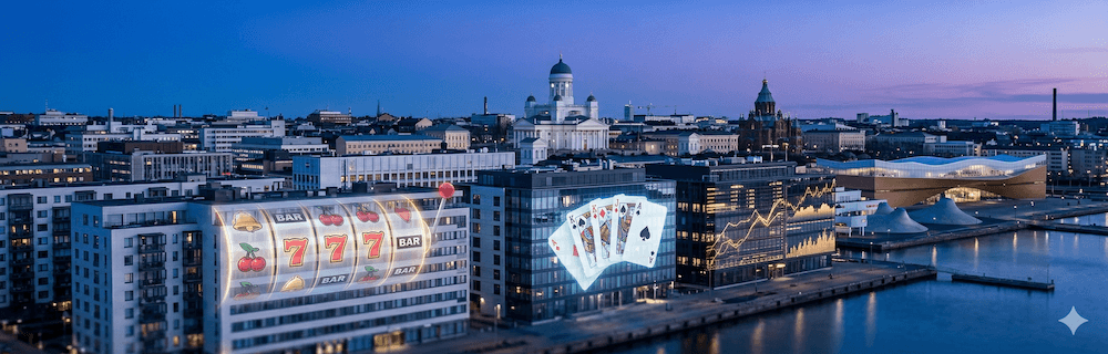 Helsingin "skyline" höystettynä kasinoaiheisilla kuvituksilla.
