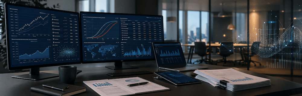 Ennustemarkkinoiden tutkimista tietokoneen näytöiltä. Toimisto. Paperinippuja etualalla.