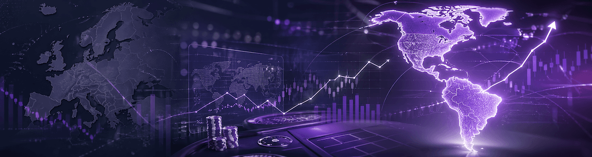 Violetti maailman kartta, joka kuvaa abstraktisti Evolutioinen pärjäämistä ja kursseja eri maailman kolkissa. Mukana kasinoaiheista kuvitusta, sekä heiluvia kurssikäyriä.